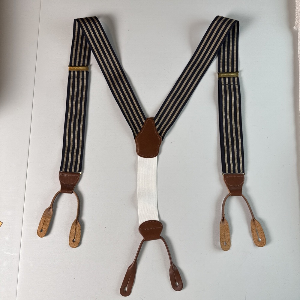 DOONEY & BOURKE Suspenders Blue White Striped Ribbon Leather Button Style Brace